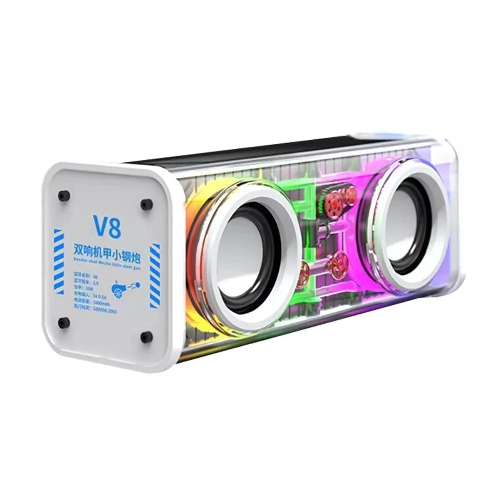 Bluetooth 5.0 V8 Transparent Mecha Speakers Double Bass Diaphragm TWS Stereo Wireless Double Bass 1800mAh Battery RGB Light