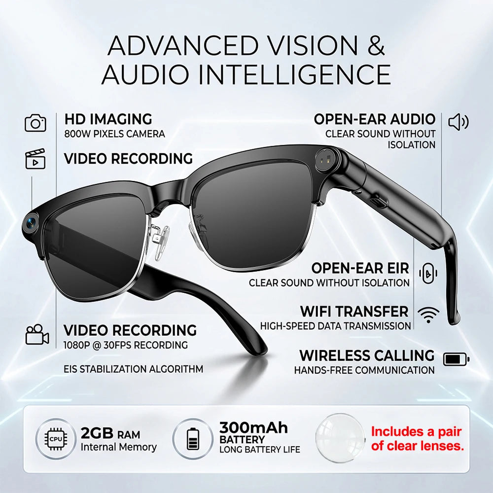 AI Smart Glasses 800W HD Camera Real-Time Translation Voice Assistant Bluetooth Wearable 2GB RAM 300MAH Smart Glasses Men Women