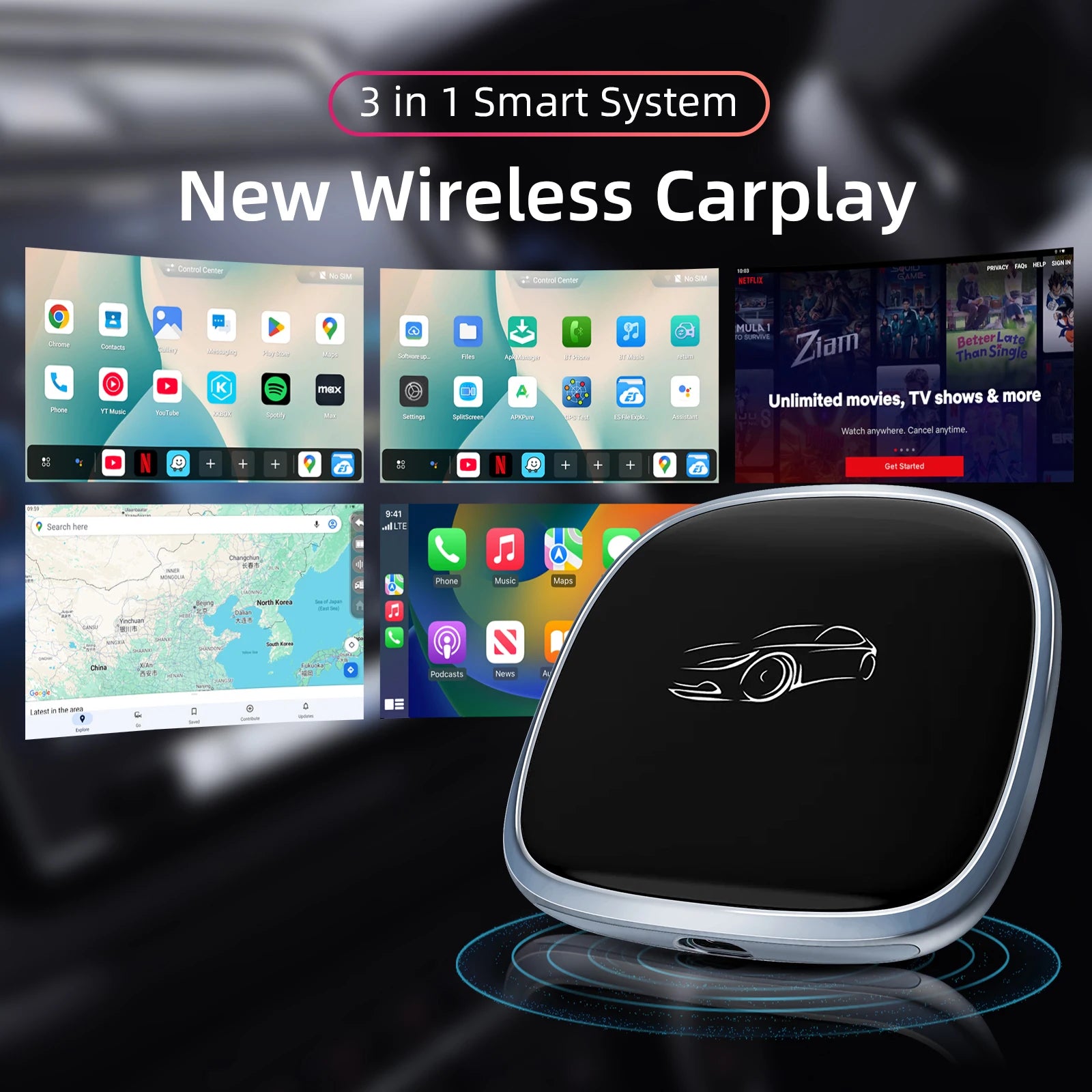 3-in-1 System Android 13 Car Video Ai Box for Wireless CarPlay Adapter/Android Auto, Ai Box Carplay with GPS, Bluetooth, Wifi
