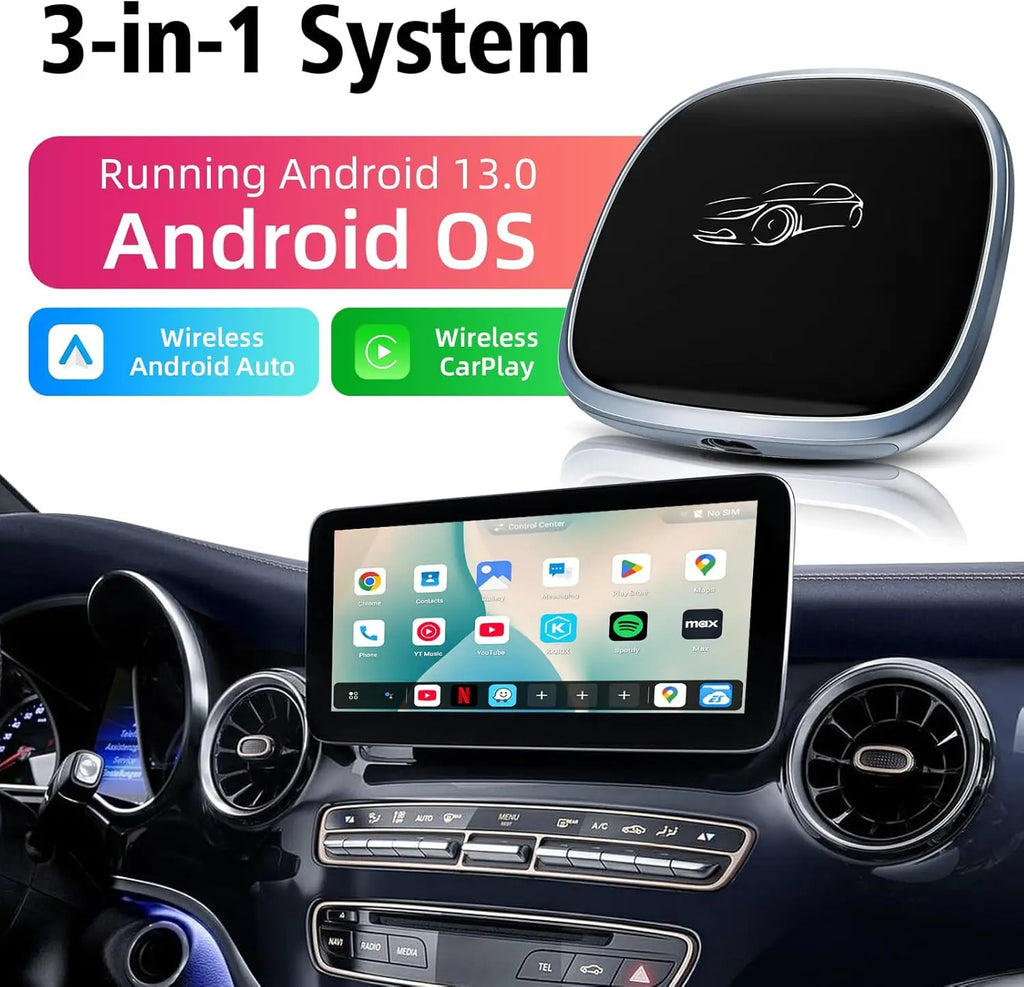 3-in-1 System Android 13 Car Video Ai Box for Wireless CarPlay Adapter/Android Auto, Ai Box Carplay with GPS, Bluetooth, Wifi