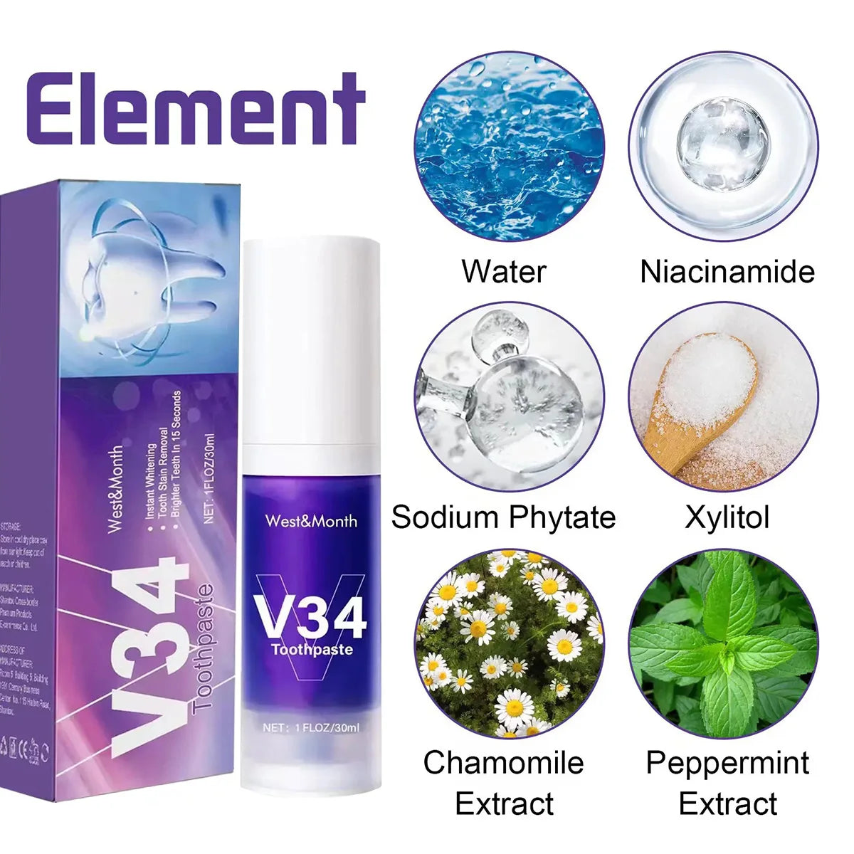 30ml V34  Purple Toothpaste Clean Oral Hygiene Fresh Breath Removes Tartar