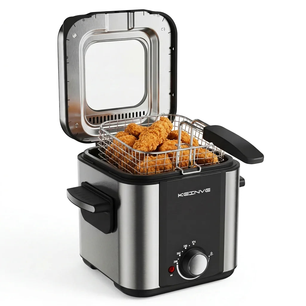 1.5L Electric Deep Fryer with Temp Control, Removable Lid With Odor Filter And Viewing Window, Immersion Frying Basket, 1000W