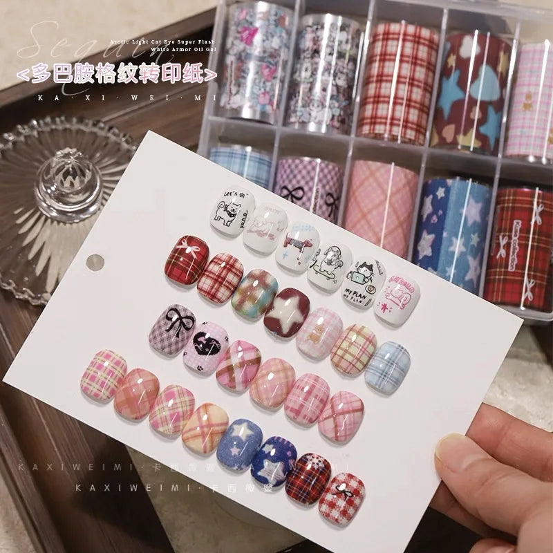 1 Box Black White Strapes Nail Foils for Transfer Paper Bowknot Flowers Nails Wraps Denim Plaid Nail Art Decorations