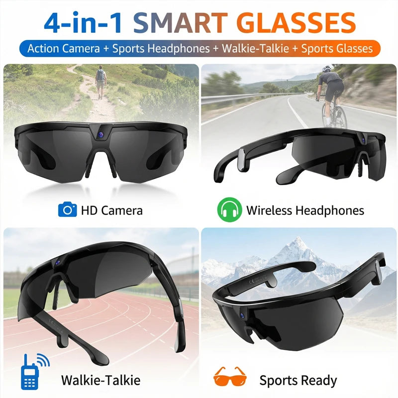 AI Sports Smart Glasses With Camera 2026 Outdoor Cycling Headphones Touch Control Windproof Bluetooth Translation Sunglasses