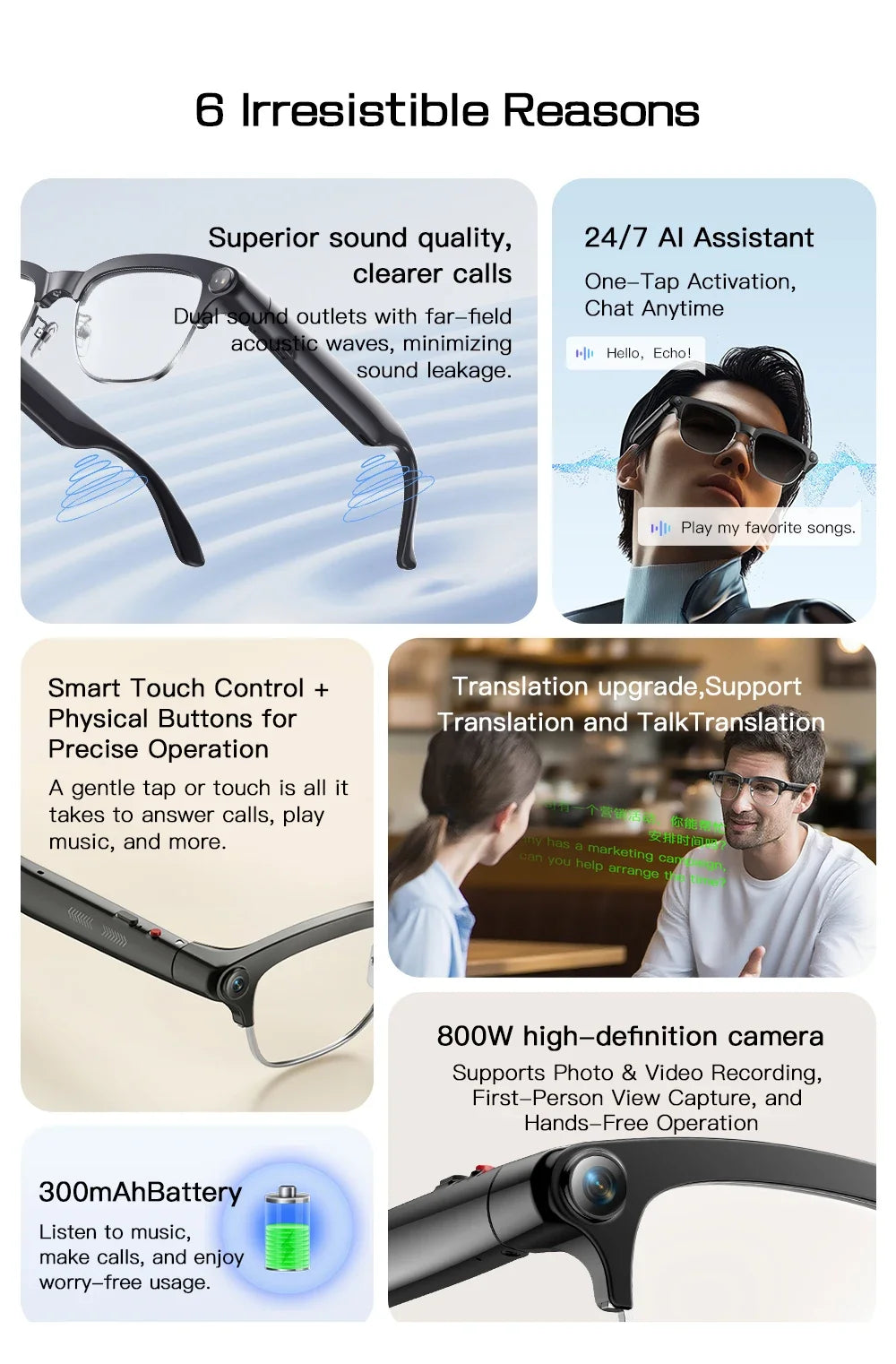 AI Smart Glasses 800W HD Camera Real-Time Translation Voice Assistant Bluetooth Wearable 2GB RAM 300MAH Smart Glasses Men Women