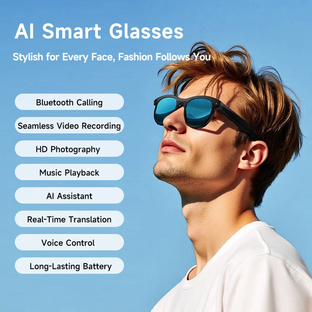 2026 New AI Smart Glasses for Men Women HD Camera 1080P Video AI Voice Assistant Translation Music Playback Bluetooth Calling