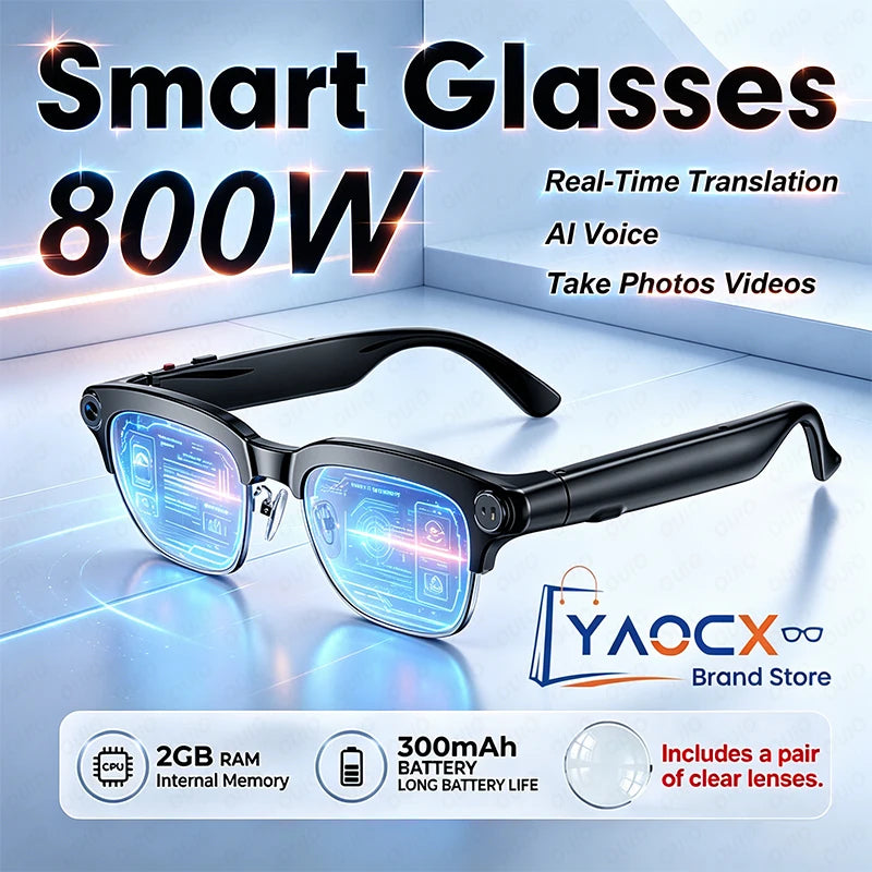 AI Smart Glasses 800W HD Camera Real-Time Translation Voice Assistant Bluetooth Wearable 2GB RAM 300MAH Smart Glasses Men Women