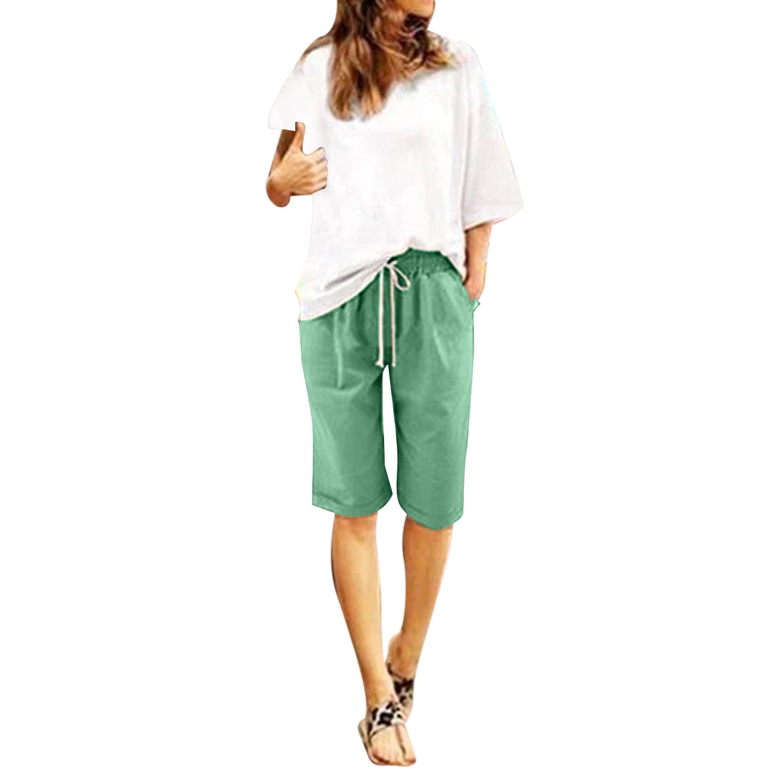 Five Point Pants For Women Summer Cotton Pants Plus Size High Waisted Shorts Lacing Beach Trousers Knee Length Workout Pocket