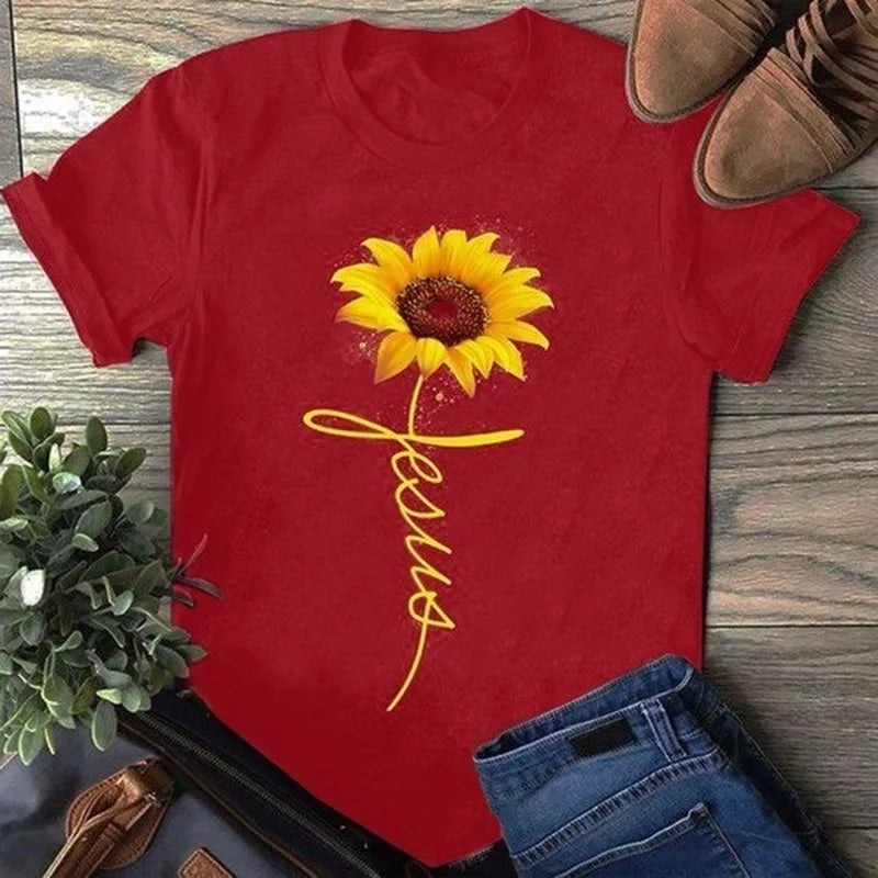 Sunflower Jesus Letter Print T Shirt Women Short Sleeve O Neck Loose Tshirt Summer