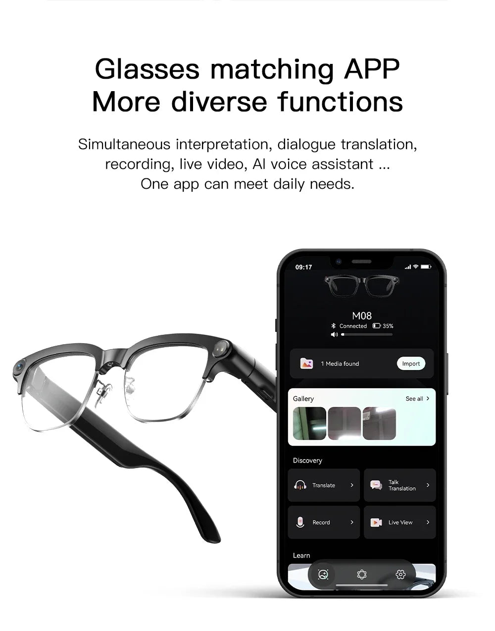 AI Smart Glasses 800W HD Camera Real-Time Translation Voice Assistant Bluetooth Wearable 2GB RAM 300MAH Smart Glasses Men Women