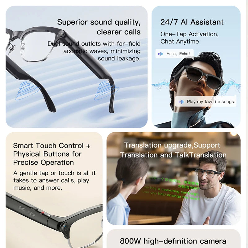 AI Smart Glasses 800W HD Camera Real-Time Translation Voice Assistant Bluetooth Wearable 2GB RAM 300MAH Smart Glasses Men Women
