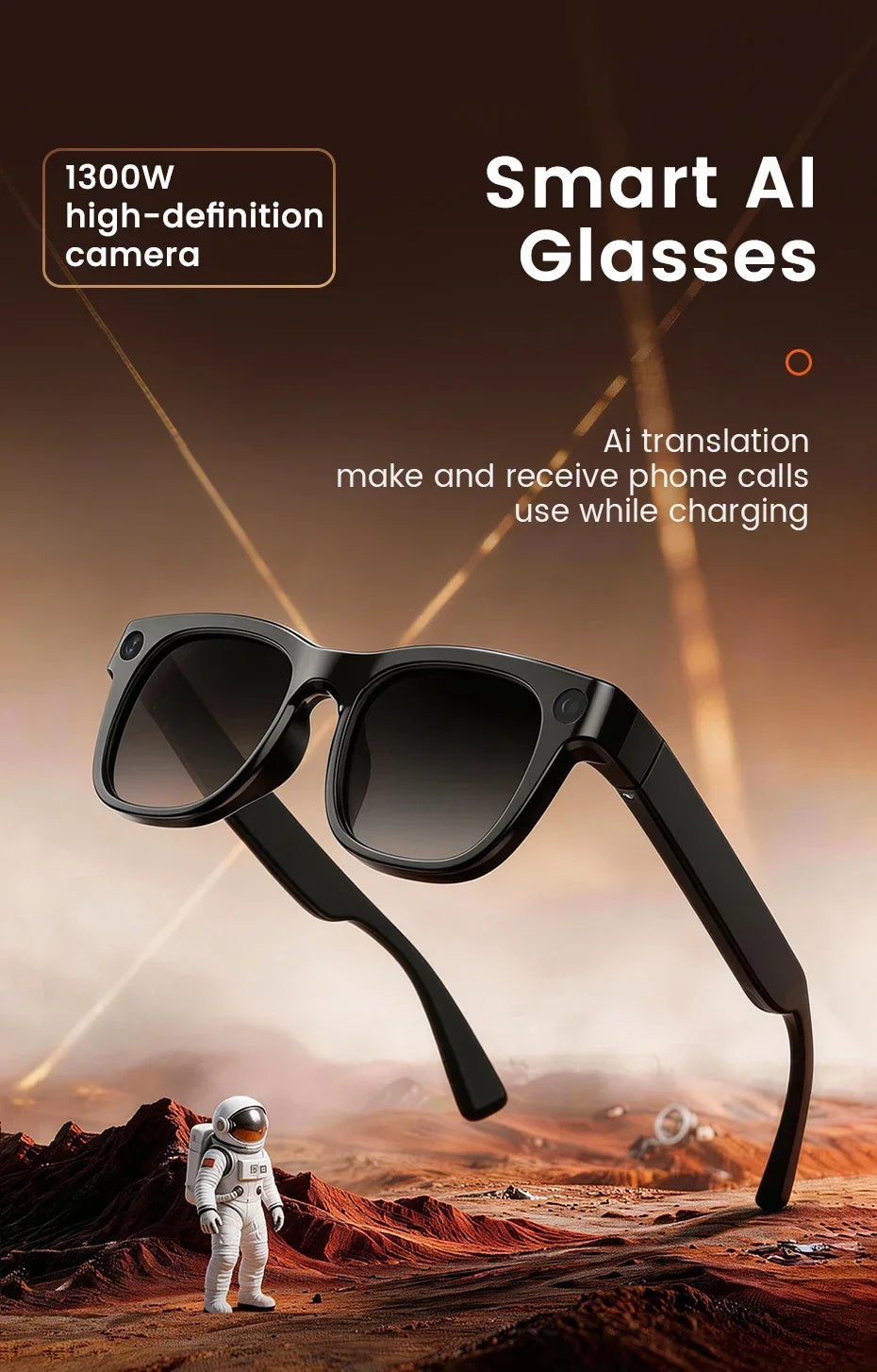 AI Smart Glasses 2026 New Model Built in 1300W HD Pixel Al Recognition AI Translation 320mAh Battery Wireless Calling Function