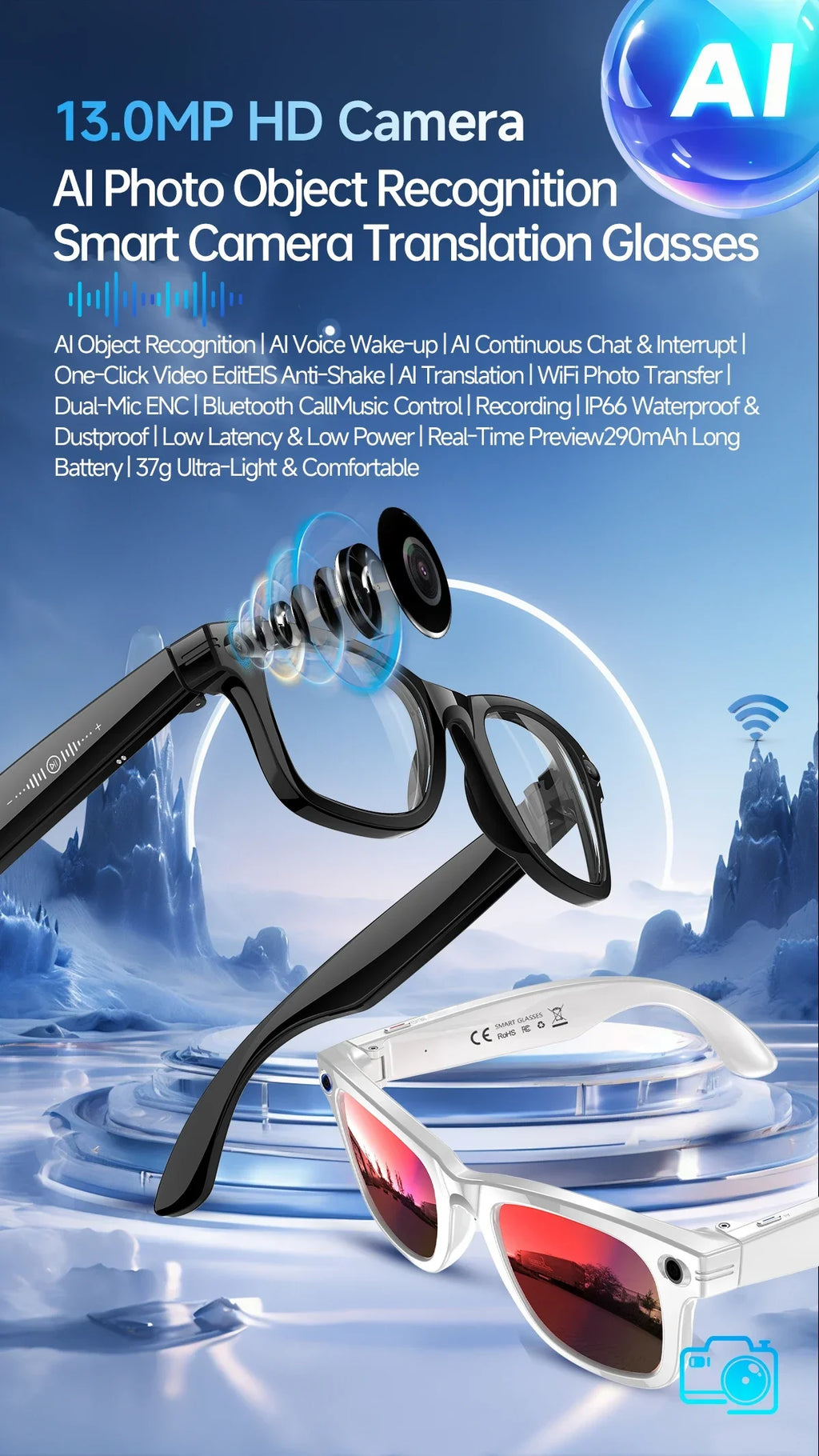 NEW AI Smart Glasses 1300W HD Camera 1080P Videos WIFI Transfer AI Translation IP66 Waterproof & Dustproof BT Call Smart Glasses