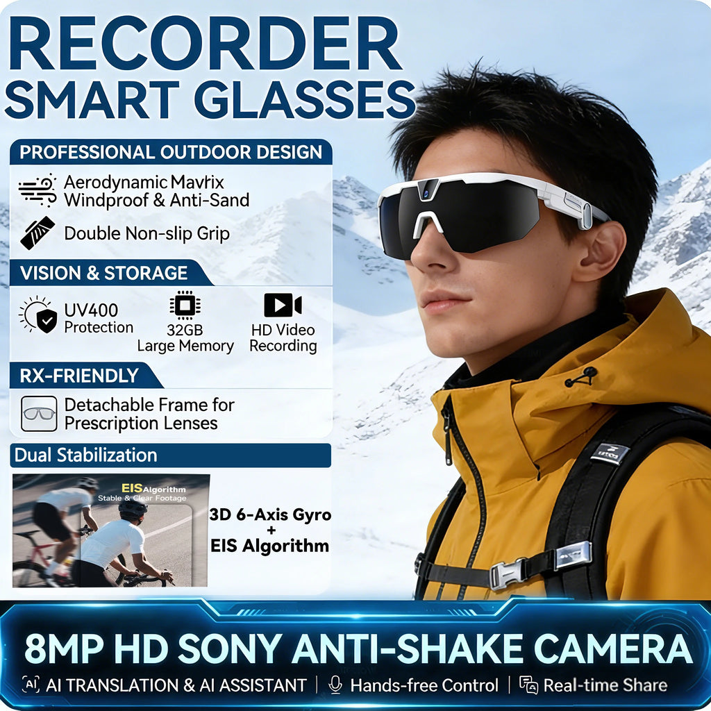 New AI smart glasses for outdoor cycling featuring an 800p camera and a compact, high-definition anti-shake action camera