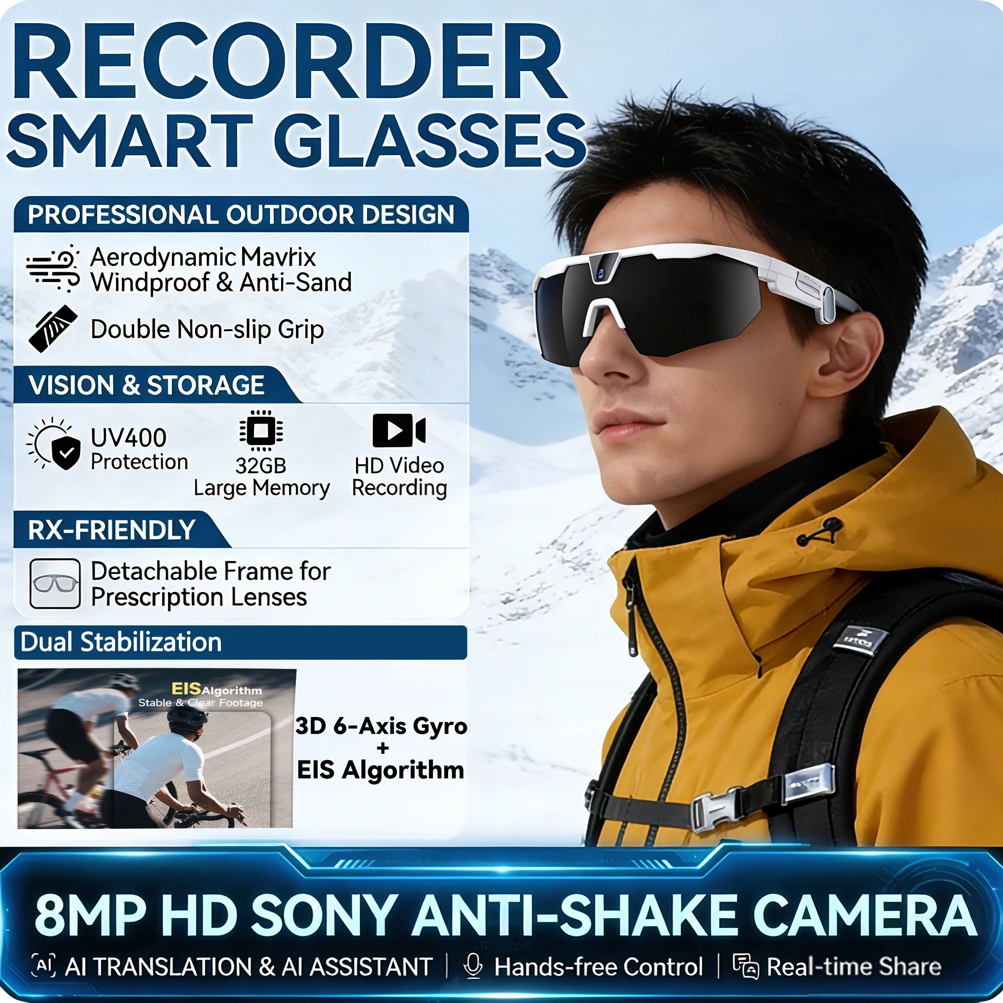 New AI smart glasses for outdoor cycling featuring an 800p camera and a compact, high-definition anti-shake action camera
