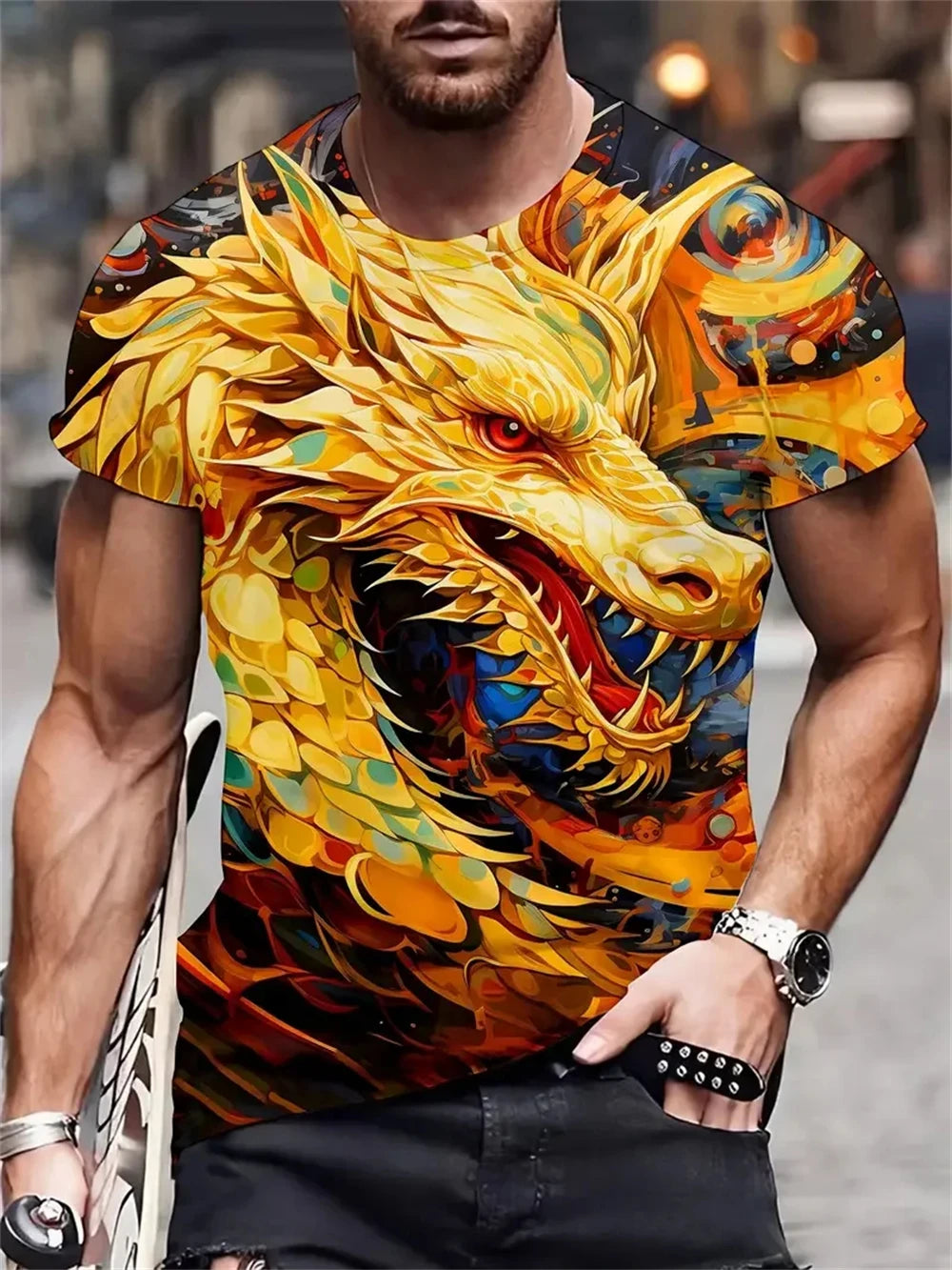 Mens Dragon Print Cotton Blend T-shirt - Stylish Crew Neck Comfortable & Breathable for Summer