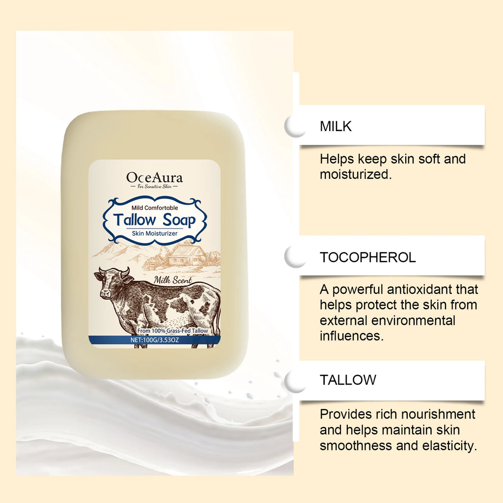 OCEAURA Tallow Soap, Beef Tallow Soap, Pure Tallow Balm Soap Bar for Sensitive Skin - Moisturizes, Soothes, and Hydrates 100g