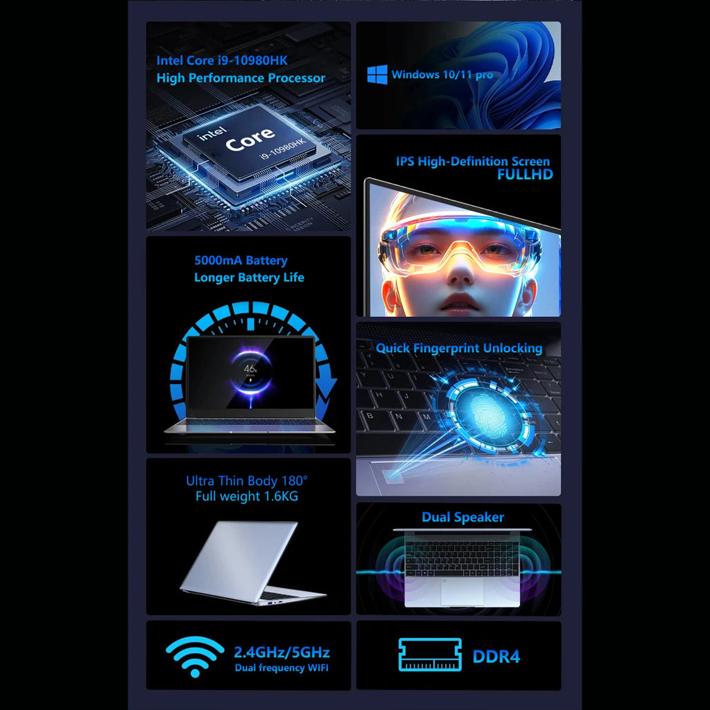 Ultrabook Computer 15.6 Inch Laptop Intel Core i9 10980HK Windows 11 Pro 32GB DDR4 M.2 2TB SSD Fingerprint Unlock WIFI 4K Elite