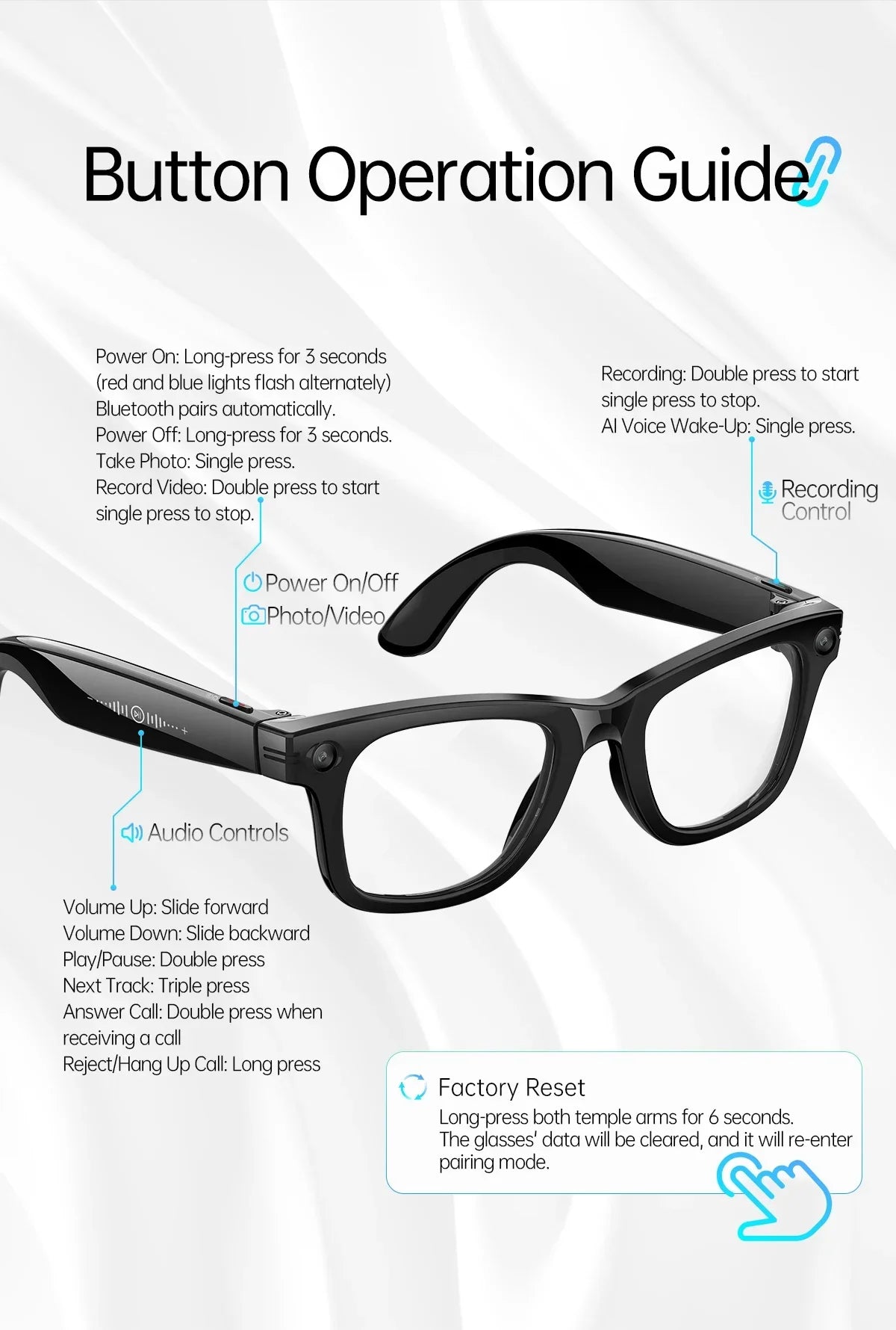 NEW AI Smart Glasses 1300W HD Camera 1080P Videos WIFI Transfer AI Translation IP66 Waterproof & Dustproof BT Call Smart Glasses