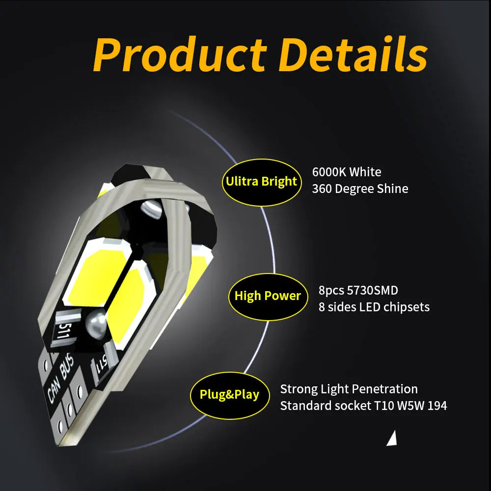 20PCS/PACK T10 5730 8SMD Canbus LED Bulbs W5W 192 194 168 501 2980CW 12V Super Bright White Car Interior Map Dome Parking Lights