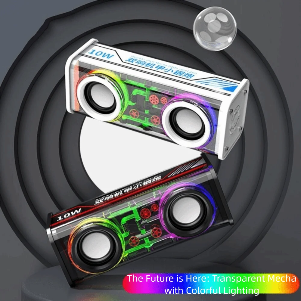 Bluetooth 5.0 V8 Transparent Mecha Speakers Double Bass Diaphragm TWS Stereo Wireless Double Bass 1800mAh Battery RGB Light