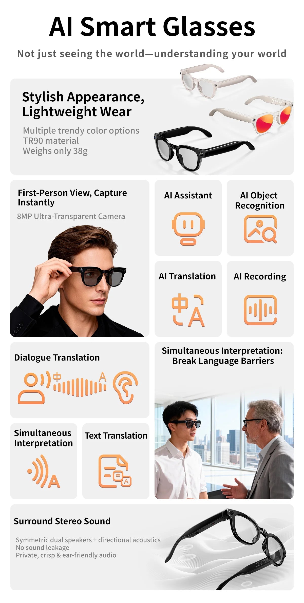 2026 New AI Smart Glasses with Video Camera Outdoor Sunglasses Wi-Fi Transfer BT Calling Audio Record Smart Wearable Headset