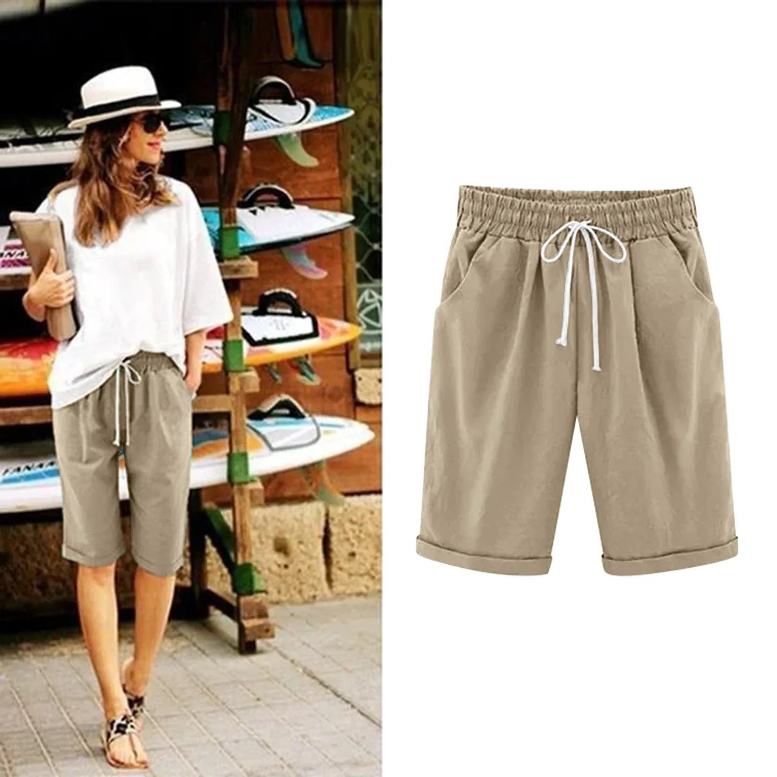 Five Point Pants For Women Summer Cotton Pants Plus Size High Waisted Shorts Lacing Beach Trousers Knee Length Workout Pocket