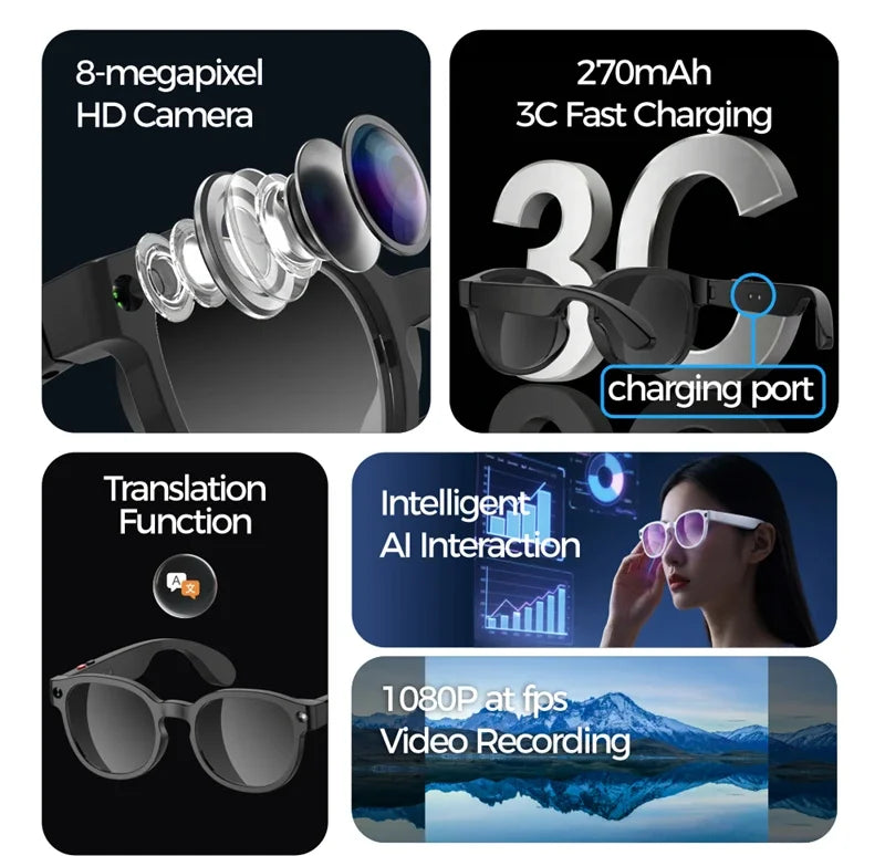 AI Smart Glasses AI Translation 8MP HD Camera 4K Shooting Image Conversation Recording Listening To Music Smart Glasses New