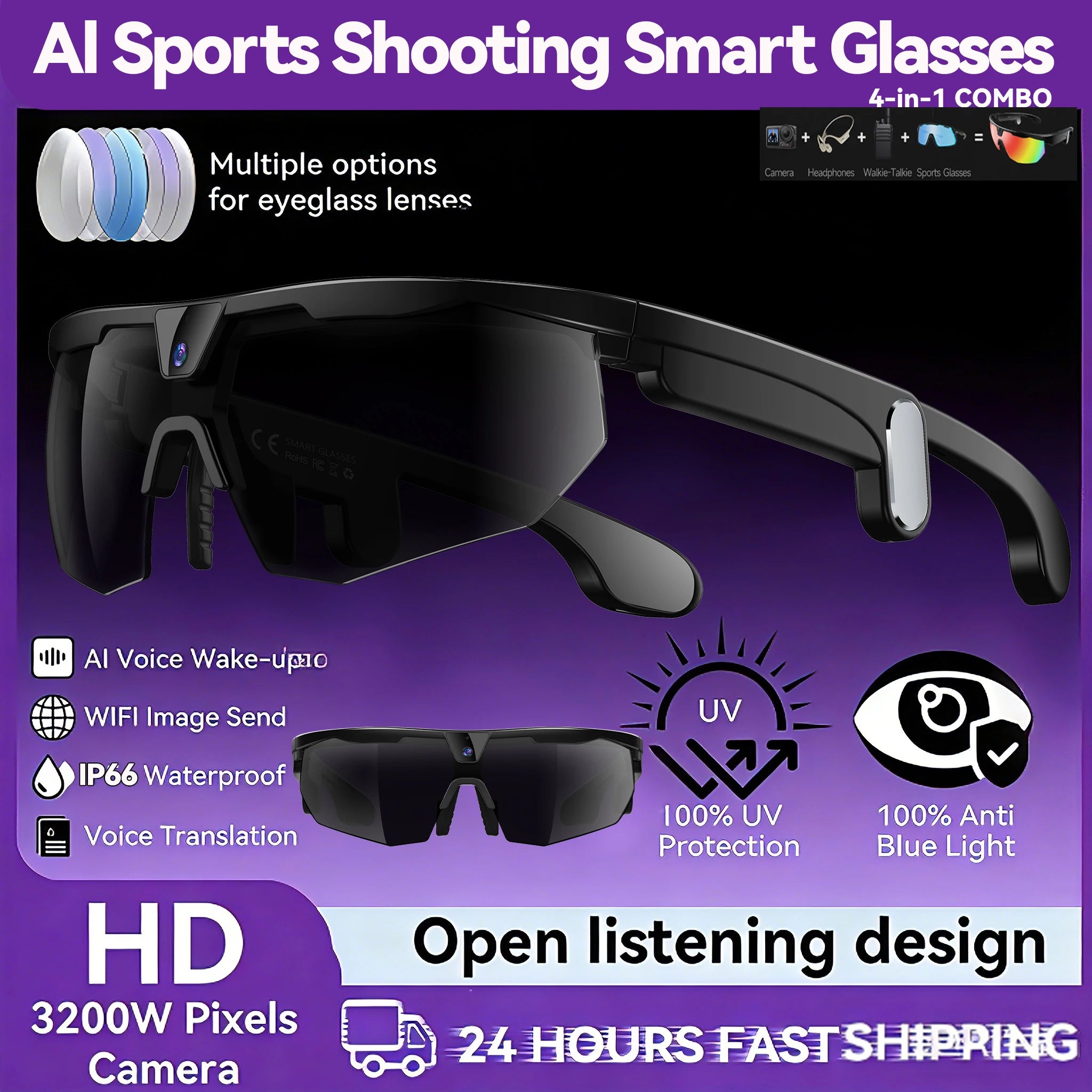 New AI smart glasses for outdoor cycling featuring an 800p camera and a compact, high-definition anti-shake action camera