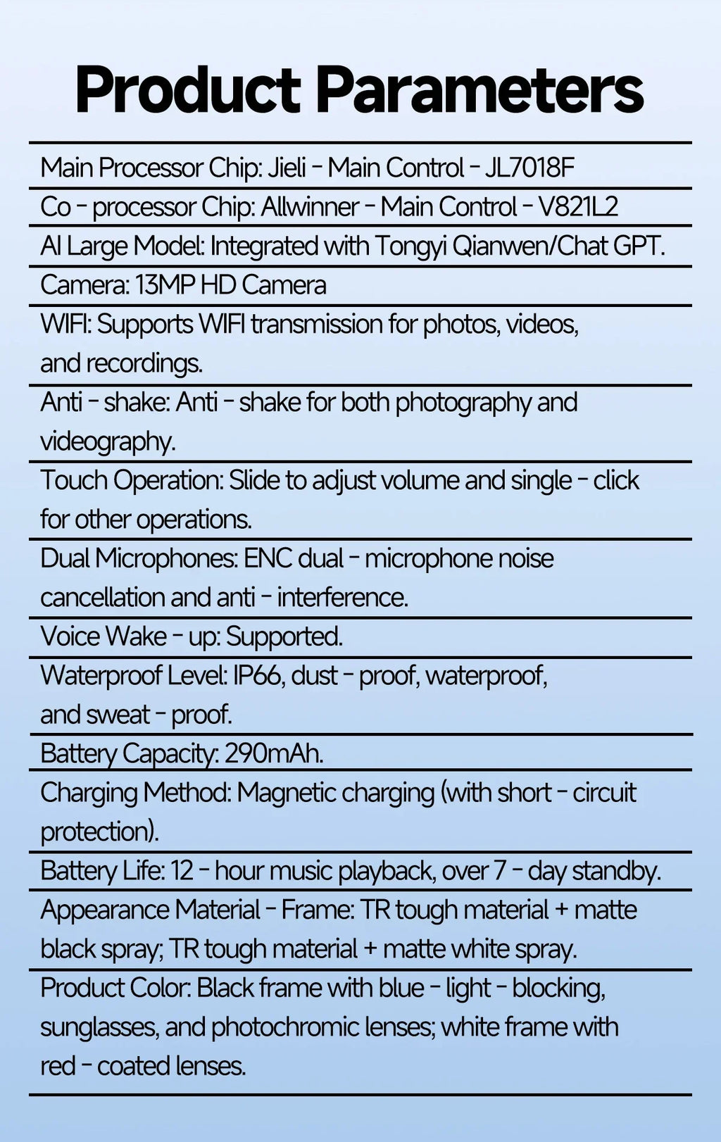 NEW AI Smart Glasses 1300W HD Camera 1080P Videos WIFI Transfer AI Translation IP66 Waterproof & Dustproof BT Call Smart Glasses