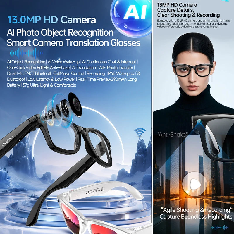 NEW AI Smart Glasses 1300W HD Camera 1080P Videos WIFI Transfer AI Translation IP66 Waterproof & Dustproof BT Call Smart Glasses
