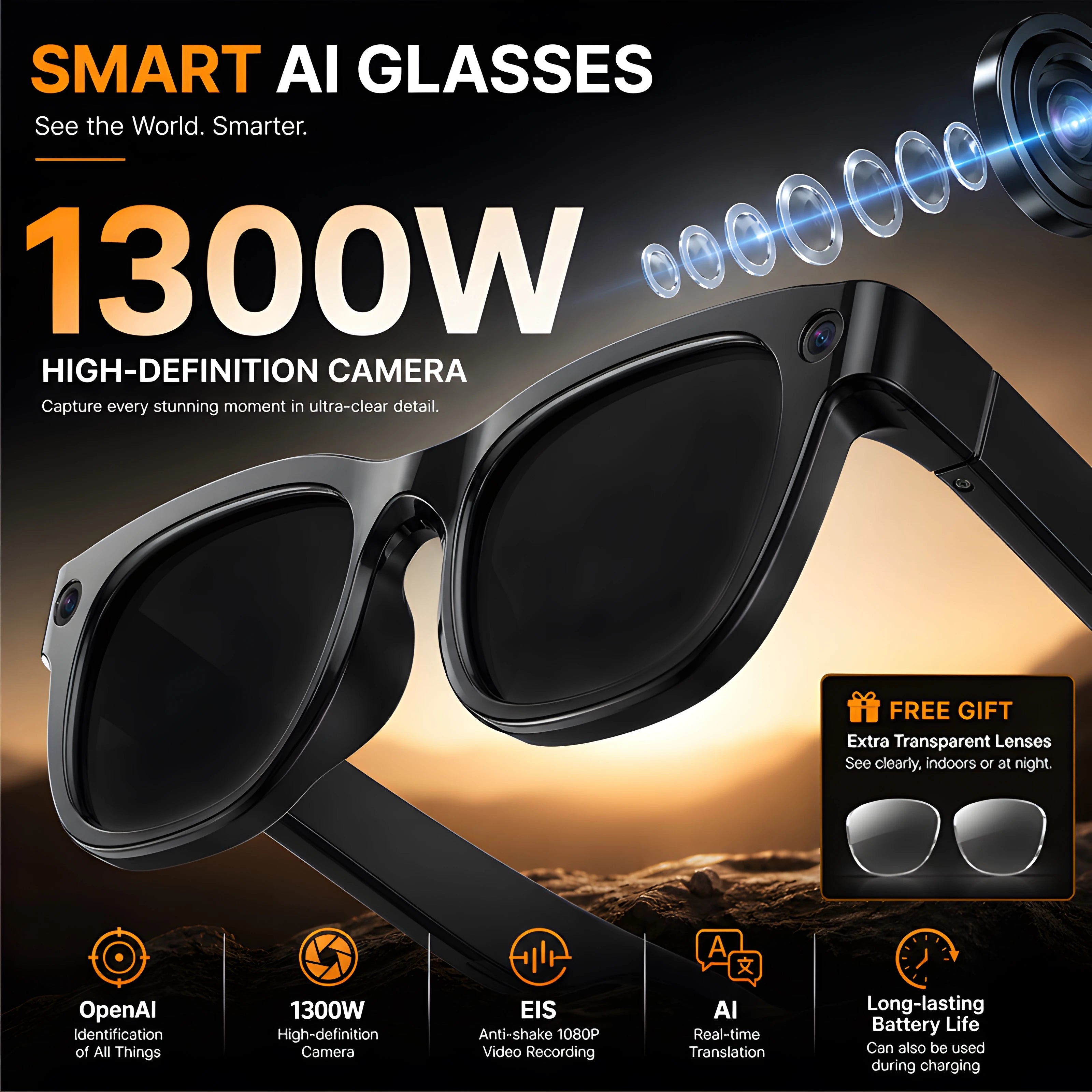 AI Smart Glasses 2026 New Model Built in 1300W HD Pixel Al Recognition AI Translation 320mAh Battery Wireless Calling Function