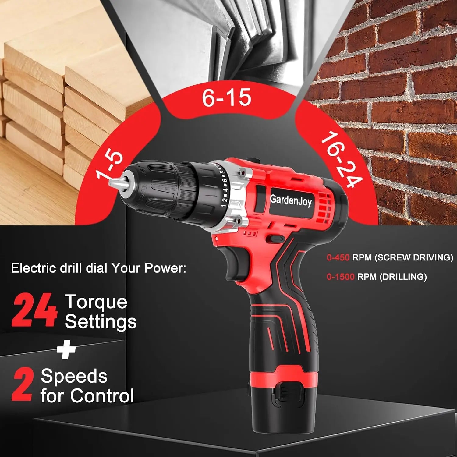 12V Cordless Drill Kit with 2 Batteries, Fast Charger, Lightweight, 2-Speed, 24+1 Torque, LED Light for DIY Wood/Metal