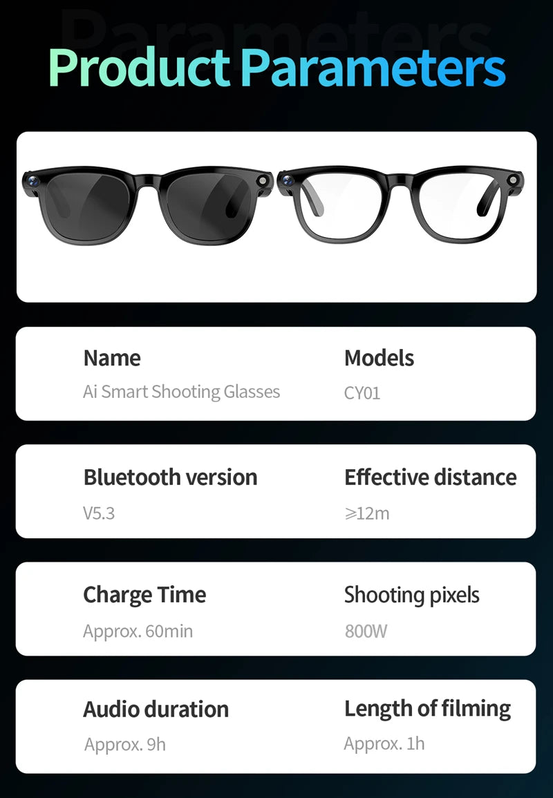 AI Smart Glasses 800W HD Camera Black Technology Image Translation Chat GPT Video Call Photo Waterproof For Men Women