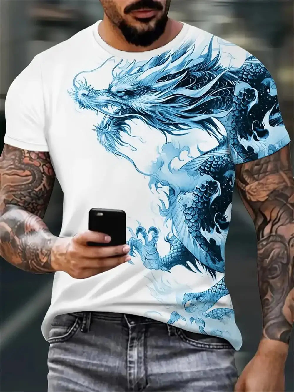 Mens Dragon Print Cotton Blend T-shirt - Stylish Crew Neck Comfortable & Breathable for Summer