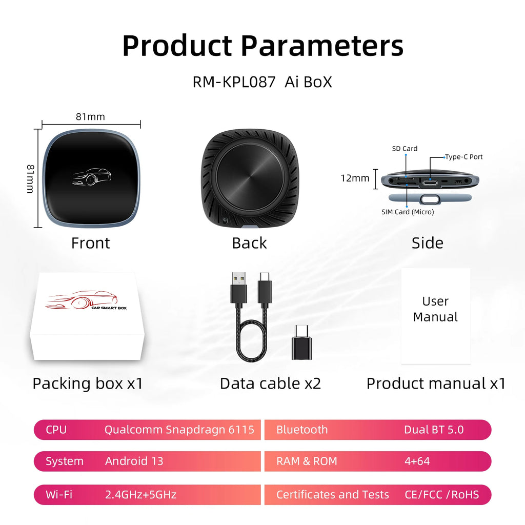 3-in-1 System Android 13 Car Video Ai Box for Wireless CarPlay Adapter/Android Auto, Ai Box Carplay with GPS, Bluetooth, Wifi
