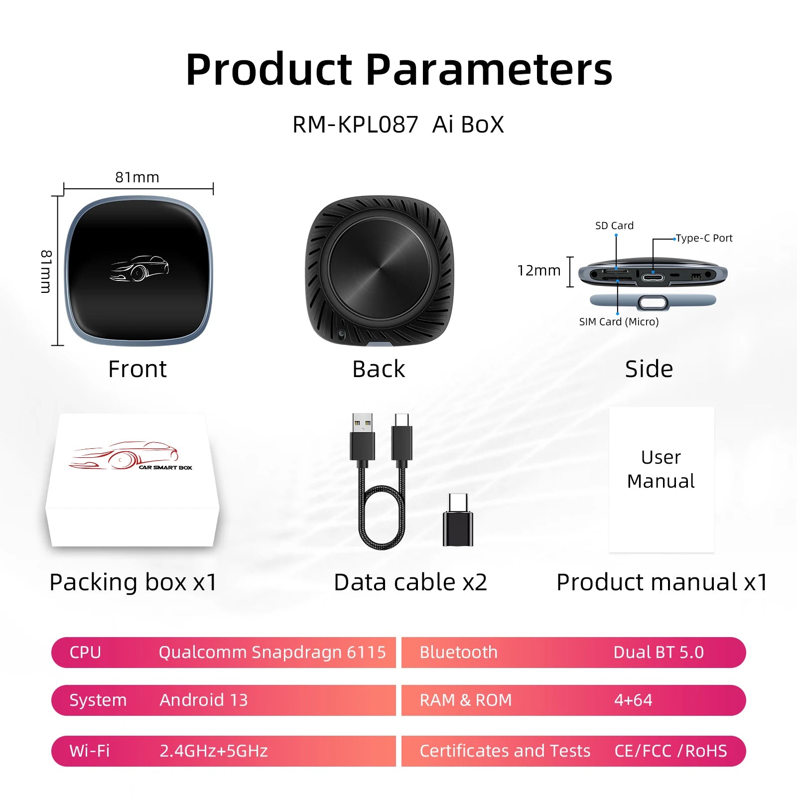 3-in-1 System Android 13 Car Video Ai Box for Wireless CarPlay Adapter/Android Auto, Ai Box Carplay with GPS, Bluetooth, Wifi