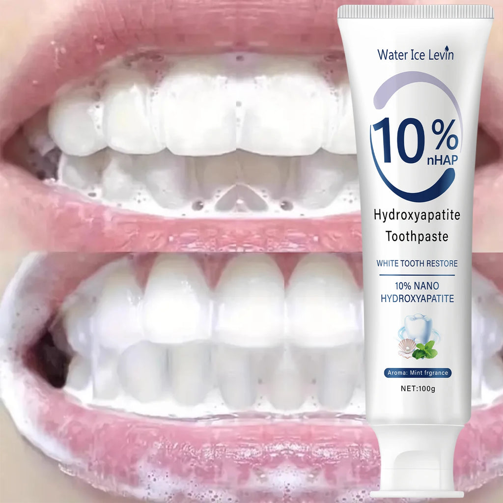 Hydroxyapatite Toothpaste Restores White Teeth. Protects Gums. Deep Cleans. Brightens Smile. Fresh Mint.