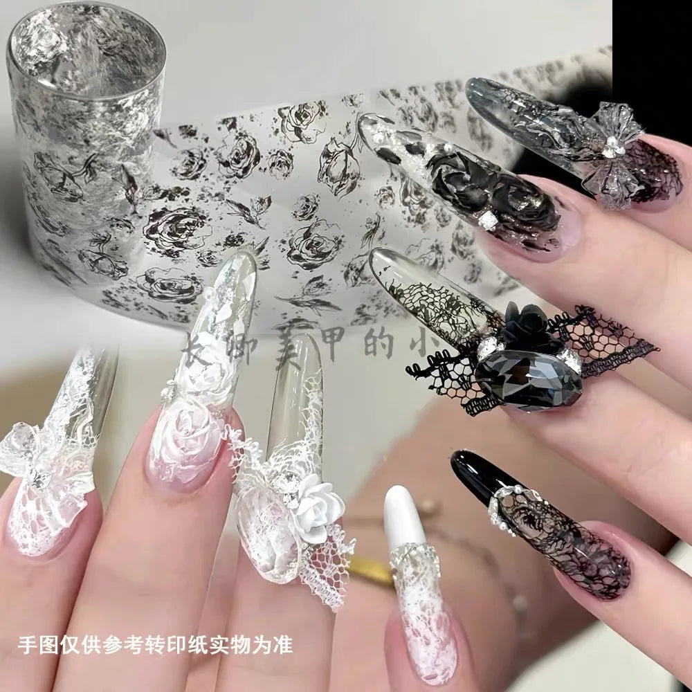 1 Box Black White Strapes Nail Foils for Transfer Paper Bowknot Flowers Nails Wraps Denim Plaid Nail Art Decorations