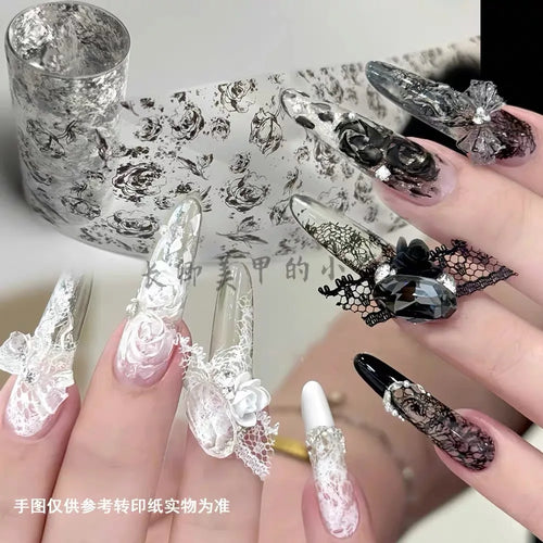 1 Box Black White Strapes Nail Foils for Transfer Paper Bowknot Flowers Nails Wraps Denim Plaid Nail Art Decorations