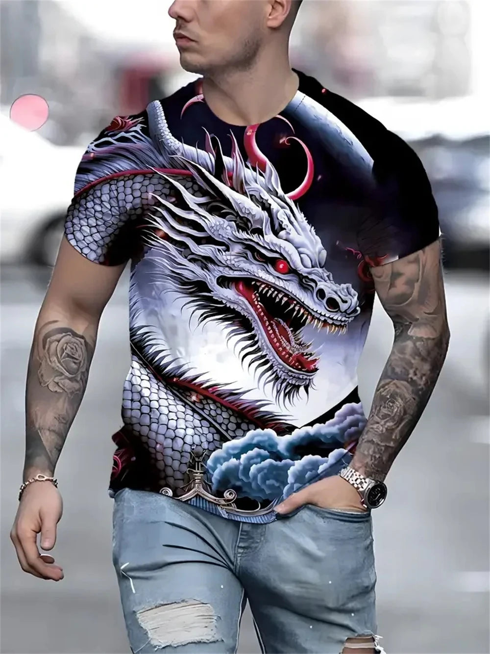 Mens Dragon Print Cotton Blend T-shirt - Stylish Crew Neck Comfortable & Breathable for Summer