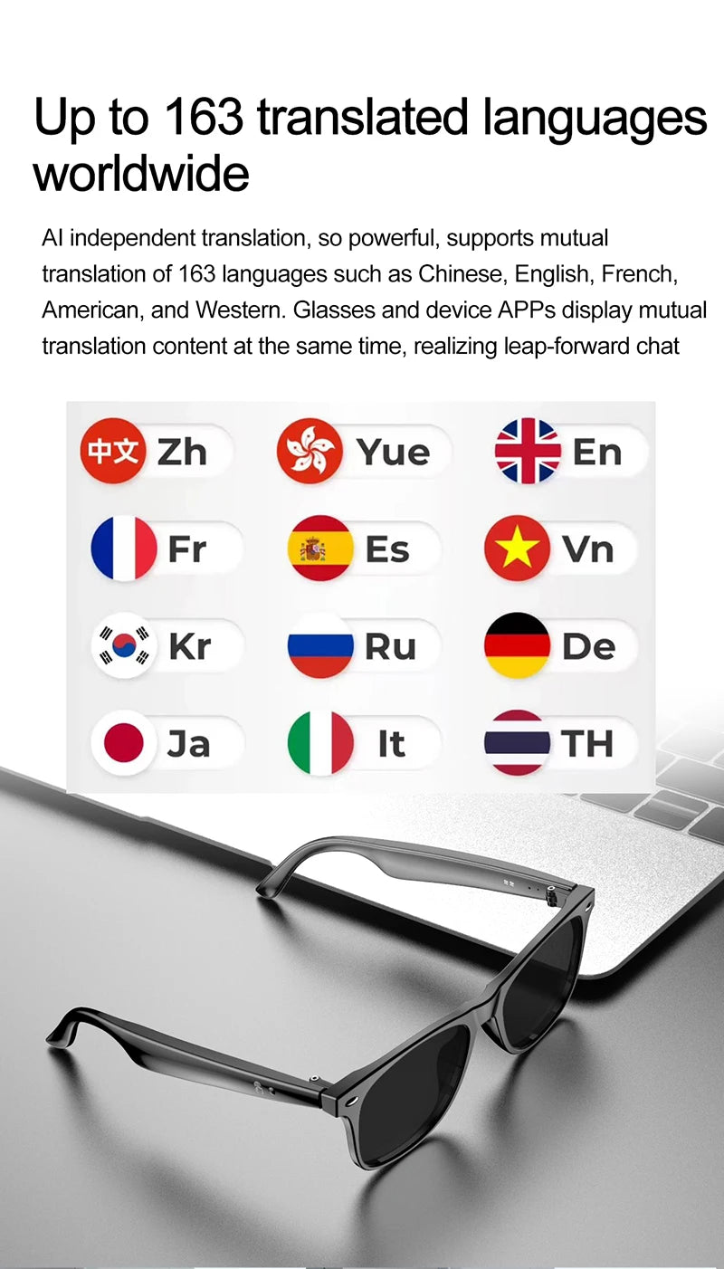 AI Smart Glasses for Men Smart Translation Glasses with Waterproof Call Function BT Smart Sunglas Outdoor Sports Headphones