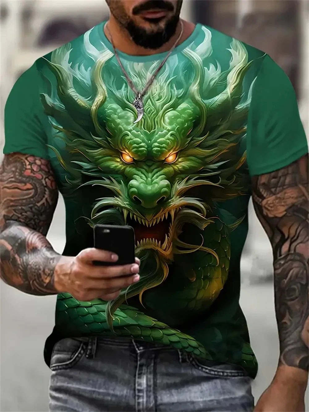 Mens Dragon Print Cotton Blend T-shirt - Stylish Crew Neck Comfortable & Breathable for Summer