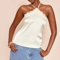 Women Lace Trim Halter Neck Tank Top Sexy Tie Up Backless Slim Fit Silk Satin Tops Summer Shirt Streetwear