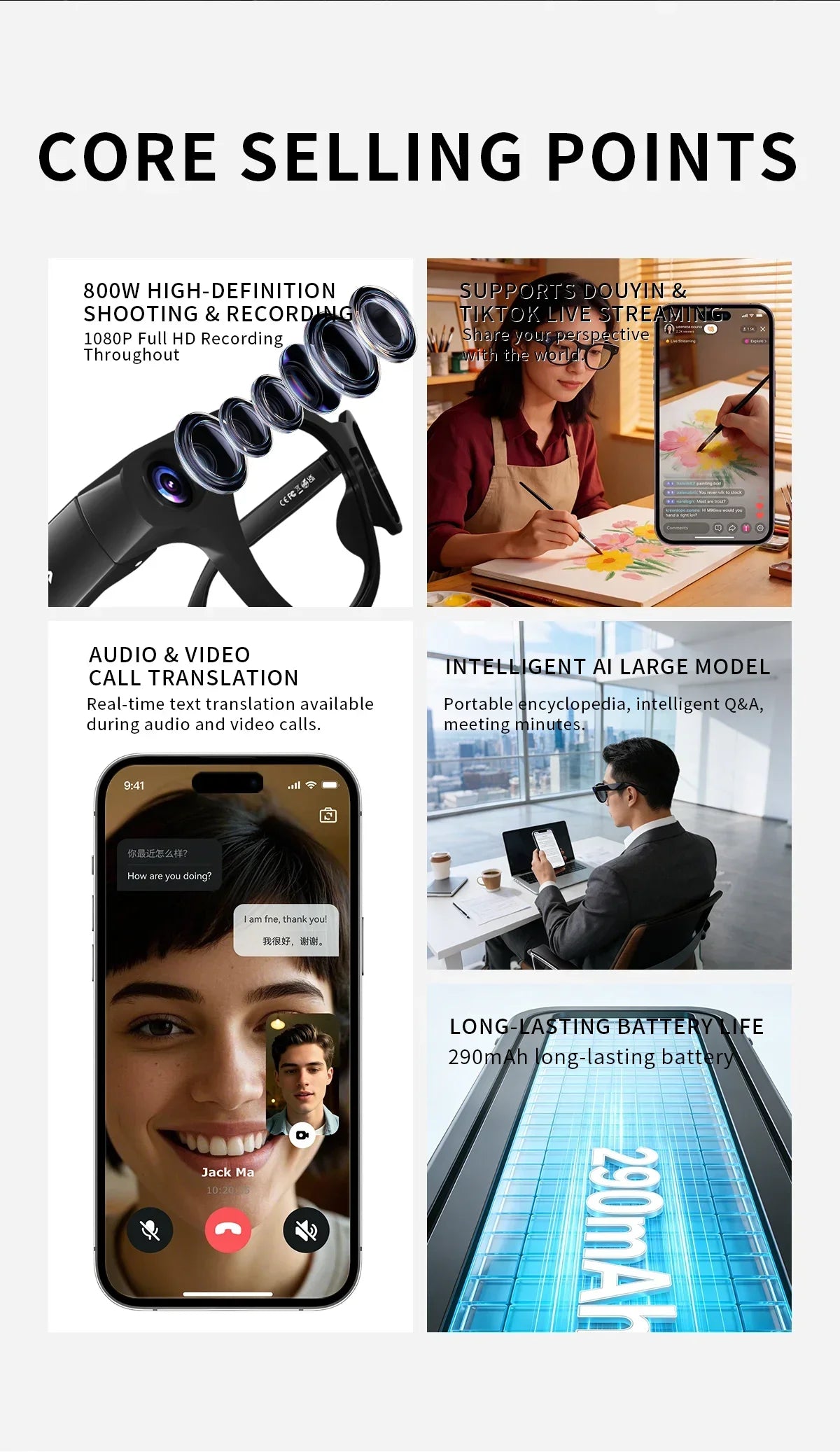 2026 New AI Smart Glasses 800W HD Supports Live Broadcast Shooting and Recording Audio and Video Call Translation Smart Glasses