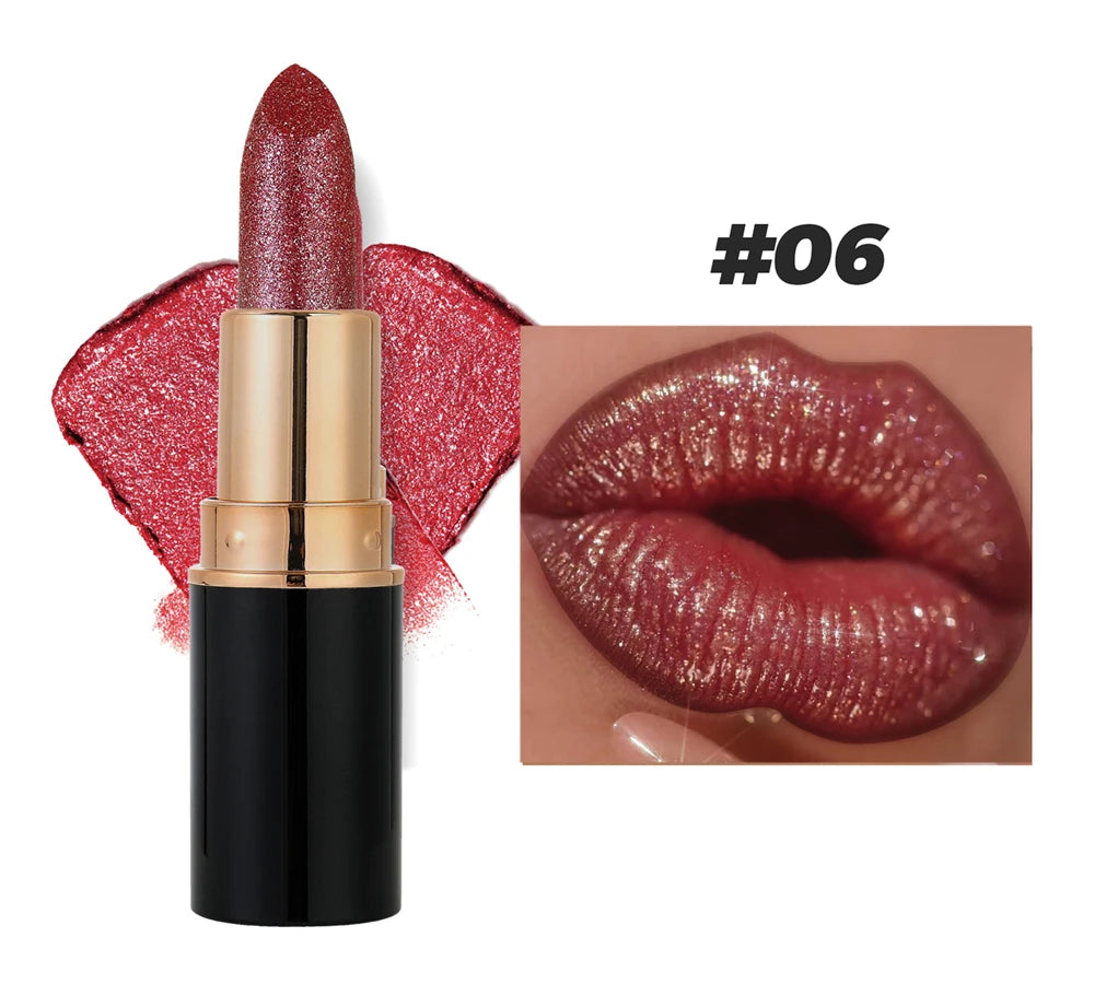 Glitter Metallic Lipstick Waterproof Long Lasting Diamond Pearlescent Lipstick Sexy Lipgloss Moisturizing Lips Makeup