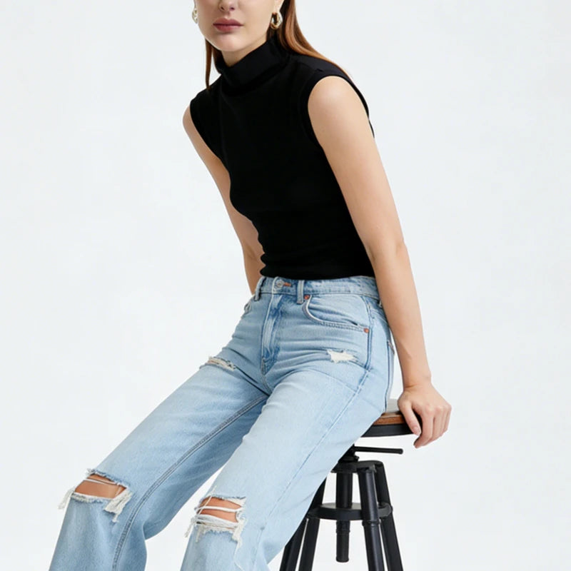 Women Summer Sexy Turtleneck Sleeveless T-Shirts Tops Solid Slim Fit Pullovers Causal Tees Shirts Female Streetwear Basics Tees