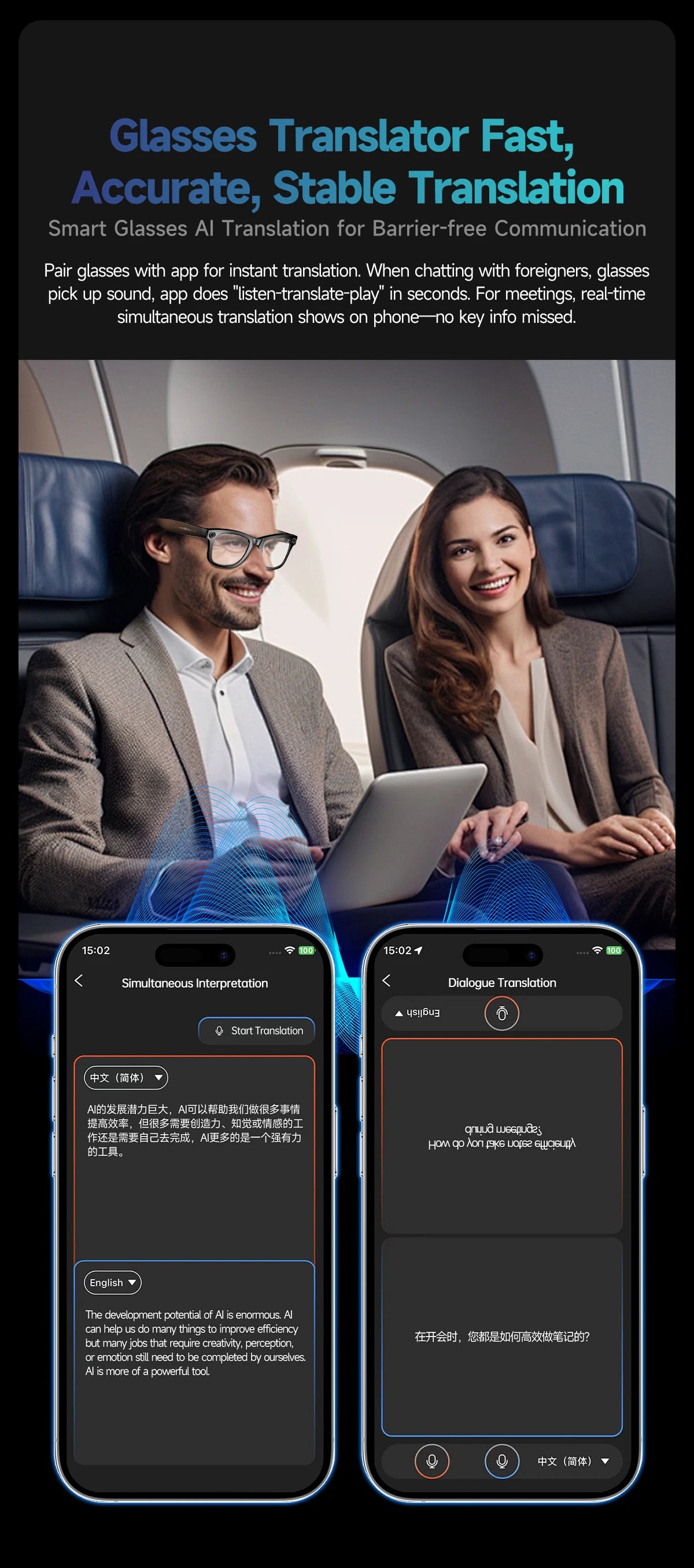 AI Smart Glasses 800W Anti Shake Camera Video Recording Languages Translation Sunglasses For Man Woman Bluetooth Call Music Play