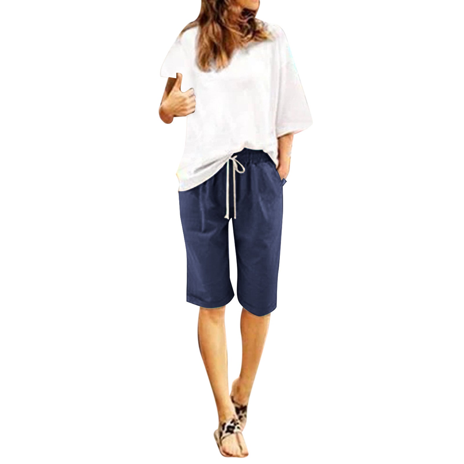 Five Point Pants For Women Summer Cotton Pants Plus Size High Waisted Shorts Lacing Beach Trousers Knee Length Workout Pocket