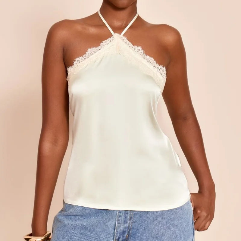 Women Lace Trim Halter Neck Tank Top Sexy Tie Up Backless Slim Fit Silk Satin Tops Summer Shirt Streetwear